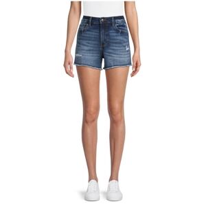 No Boundaries Juniors Size 1 Mid Rise Fray Midi Denim Short Dark Wash NWT